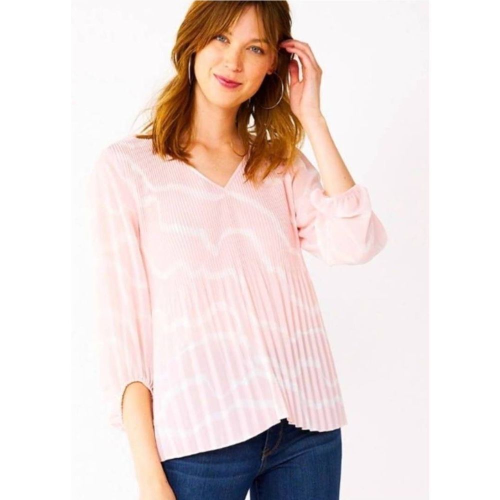 Nine West Baby Pink and White V-neck pleated Ladies XL Top Women's Blouse New